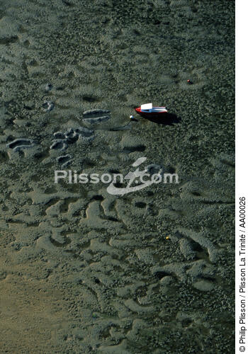 Un bateau rouge posé sur le sable dans l'embouchure de la Vilaine. - © Philip Plisson / Plisson La Trinité / AA00026 - Photo Galleries - Vilaine [The mouth of the]