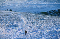 Un homme se promène au milieu d'un paysage de neige (île de Ouessant, Finistère, 29). © Philip Plisson / Plisson La Trinité / AA00467 - Nos reportages photos - Personnage