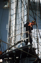 Equipier dans la mâture du HMS Rose. © Guillaume Plisson / Plisson La Trinité / AA00666 - Photo Galleries - Masts