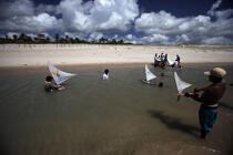 Model of jangadas on a beach of Ceara in Brazil. © Philip Plisson / Plisson La Trinité / AA14213 - Photo Galleries - Leisure