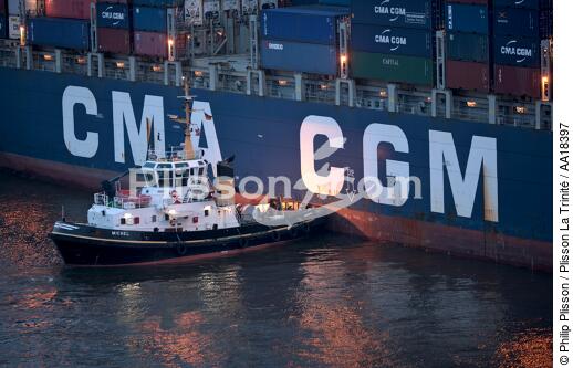 Porte-conteneur dans le port d' Hambourg. - © Philip Plisson / Plisson La Trinité / AA18397 - Nos reportages photos - Le CMA CGM Marco Polo