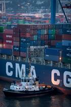 Porte-conteneur dans le port d' Hambourg. © Philip Plisson / Plisson La Trinité / AA18398 - Nos reportages photos - Le CMA CGM Marco Polo