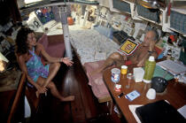 Florence Arthaud and Moitessier aboard Joshua © Philip Plisson / Plisson La Trinité / AA35575 - Photo Galleries - People