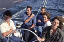 Florence Arthaud, Eric Tabarly, olive Kersauzon and Patrick Morvan aboard Jet Service [AT] © Philip Plisson / Plisson La Trinité / AA35576 - Photo Galleries - Personality