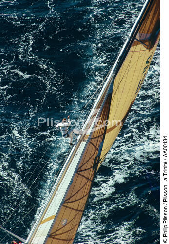 Un homme est hissé en haut du mât à l'aide d'une chaise. - © Philip Plisson / Plisson La Trinité / AA00134 - Photo Galleries - Sailing boat