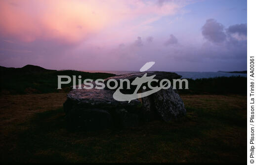Un mégalithe irlandais au soleil couchant. - © Philip Plisson / Plisson La Trinité / AA00361 - Nos reportages photos - Mégalithe