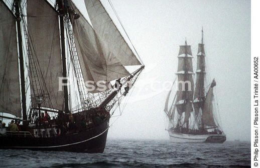 Goélette au premier plan, grand voilier en arrière plan. - © Philip Plisson / Plisson La Trinité / AA00652 - Nos reportages photos - Terme marin