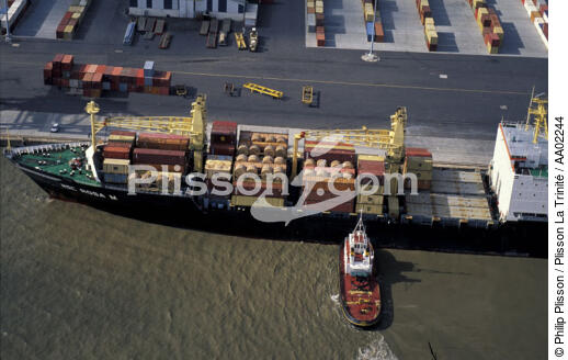 Porte-conteneur et remorqueur sur la Loire. - © Philip Plisson / Plisson La Trinité / AA02244 - Photo Galleries - Containership