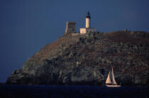 Voilier devant le phare de la Giraglia. © Philip Plisson / Plisson La Trinité / AA04456 - Nos reportages photos - Phare
