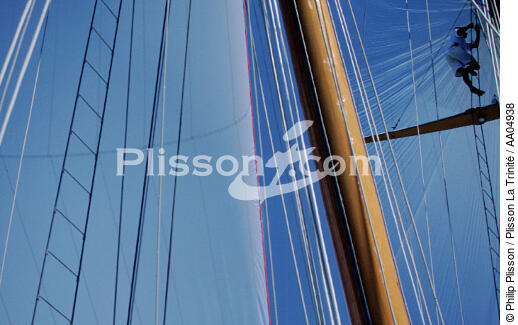 Equipier entre voile et mat. - © Philip Plisson / Plisson La Trinité / AA04938 - Photo Galleries - Three-masted schooner