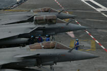 Three Rafale on the aircraft carrier Charles of Gaulle. © Philip Plisson / Plisson La Trinité / AA09875 - Photo Galleries - Rafale