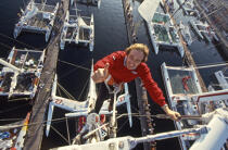 François Boucher in the rigging of Ker Cadelac - Route du Rhum 1986 © Philip Plisson / Plisson La Trinité / AA35655 - Photo Galleries - Sailing Race